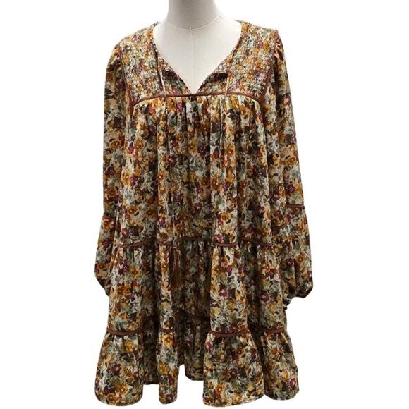 Kourt Kady Dress Sz L Ditsy Floral Smocked Tiered Babydoll Boho Puff Sleeve - Picture 1 of 13